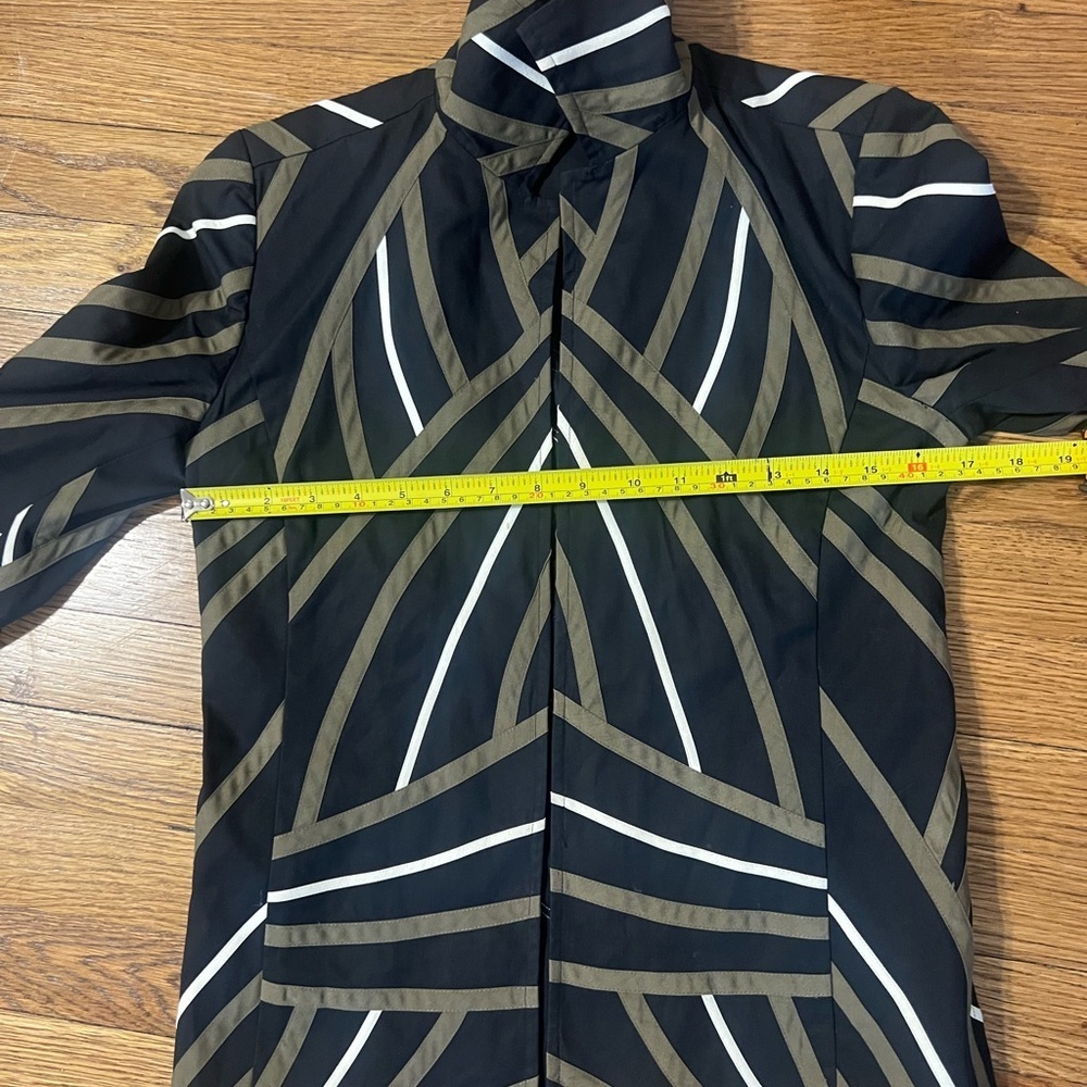Black Button-Down Top with Olive and White Geometric Stripes - Picture 6 of 9